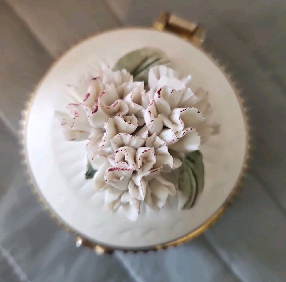 Vintage Porcelain Hand Painted Floral Trinket Box Hinged White & Gold Tone
